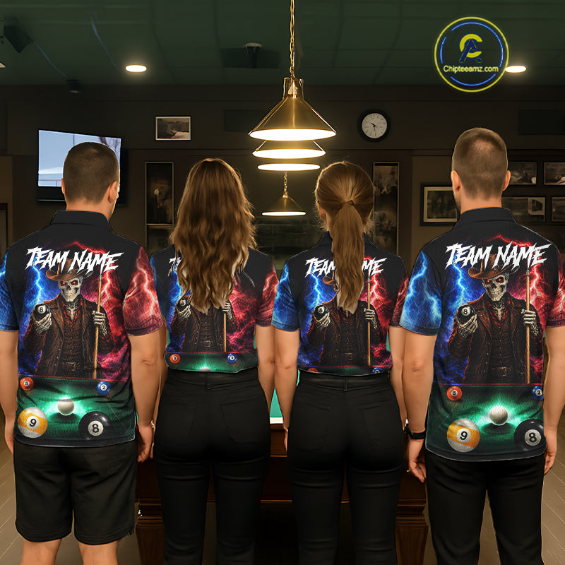 Funny Skeleton Cowboy Billiard Shirts For Women Custom Thunder Lightning Pool Team Jersey TDM7687