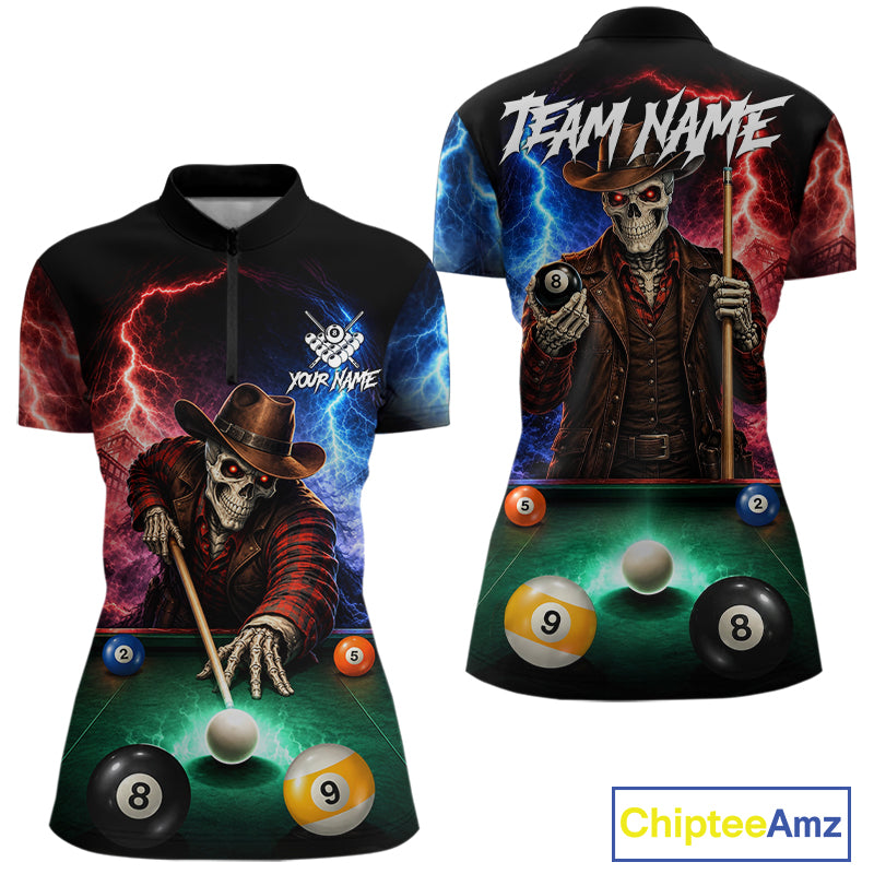 Funny Skeleton Cowboy Billiard Shirts For Women Custom Thunder Lightning Pool Team Jersey TDM7687