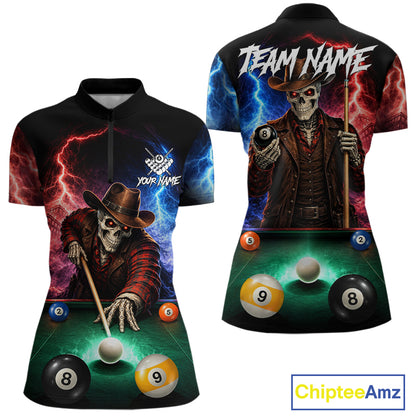 Funny Skeleton Cowboy Billiard Shirts For Women Custom Thunder Lightning Pool Team Jersey TDM7687