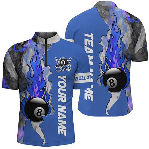 Customized 8 Ball Fire Smoke Blue Billiard Men Quarter-Zip Shirts Custom Billiard Attire TDM0441