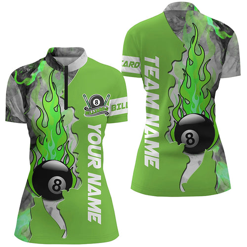 Customized 8 Ball Fire Smoke Green Billiard Women Quarter-Zip Shirts Custom Billiard Attire TDM0442