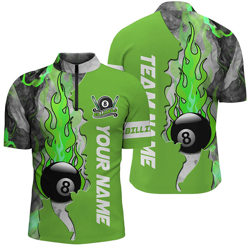 Customized 8 Ball Fire Smoke Green Billiard Men Quarter-Zip Shirts Custom Billiard Attire TDM0442