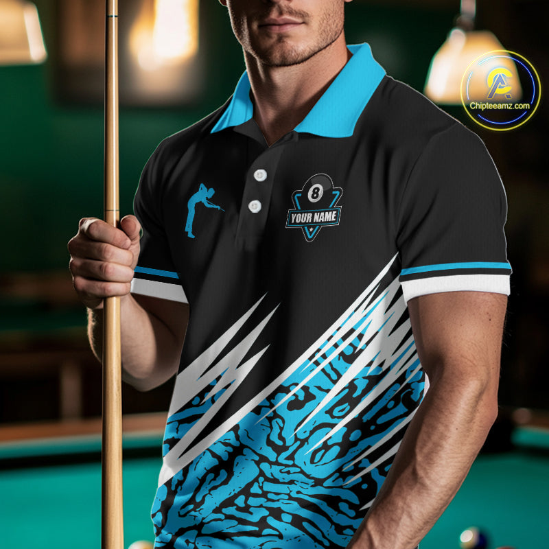 Personalized 8 Ball Billiard Jersey For Men Custom Black & Cyan Blue Pool Team Shirt Polo, 1/4 Zip TDM5107
