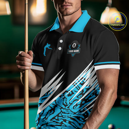 Personalized 8 Ball Billiard Jersey For Men Custom Black & Cyan Blue Pool Team Shirt Polo, 1/4 Zip TDM5107