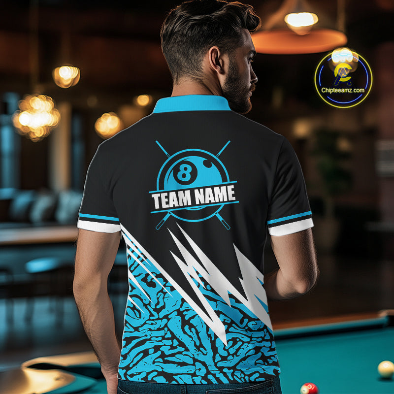 Personalized 8 Ball Billiard Jersey For Men Custom Black & Cyan Blue Pool Team Shirt Polo, 1/4 Zip TDM5107