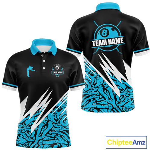 Personalized 8 Ball Billiard Jersey For Men Custom Black & Cyan Blue Pool Team Shirt Polo, 1/4 Zip TDM5107