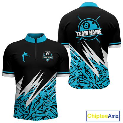 Personalized 8 Ball Billiard Jersey For Men Custom Black & Cyan Blue Pool Team Shirt Polo, 1/4 Zip TDM5107