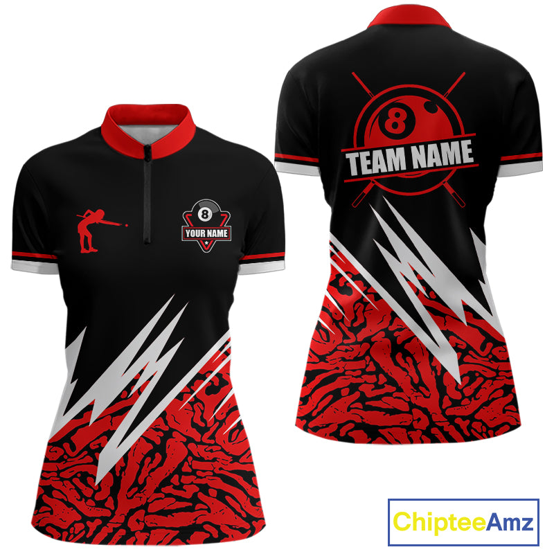 Personalized 8 Ball Billiard Jersey For Women Custom Black And Red Pool Team Shirt Polo & 1/4 Zip TDM5108