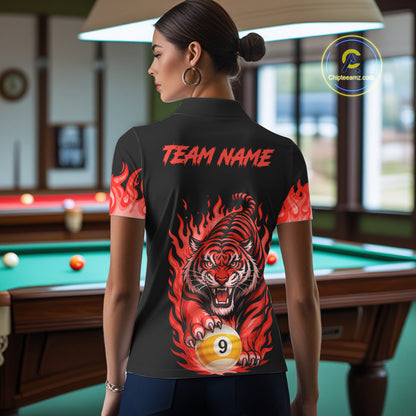Black and Red Flaming Tiger Billiard Shirts for Women Custom 8 Ball & 9 Ball Pool Team Jersey TDM8011