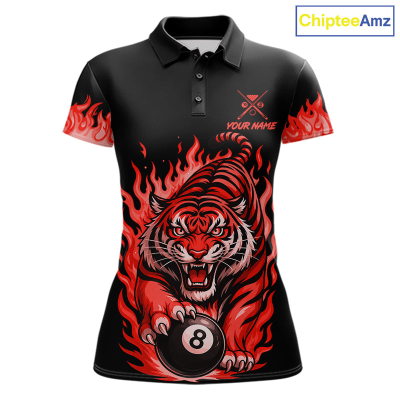 Black and Red Flaming Tiger Billiard Shirts for Women Custom 8 Ball & 9 Ball Pool Team Jersey TDM8011