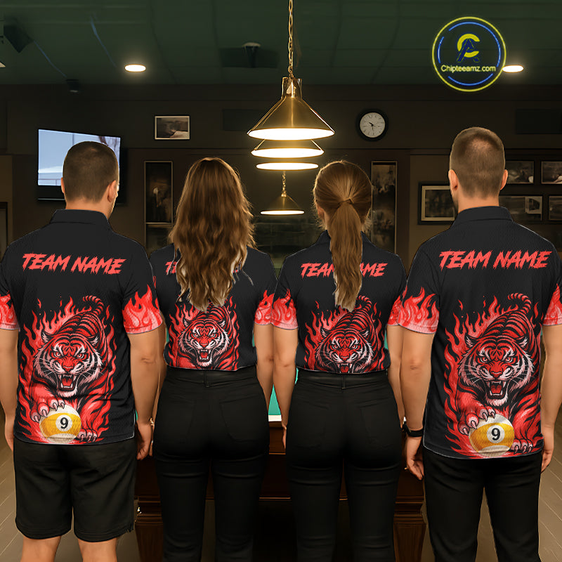 Black and Red Flaming Tiger Billiard Shirts for Men Custom 8 Ball & 9 Ball Pool Team Jersey TDM8011