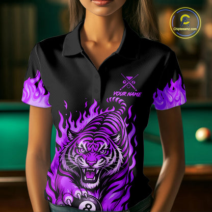 Black and Purple Flaming Tiger Billiard Shirts for Women Custom 8 Ball & 9 Ball Pool Team Jersey TDM8012