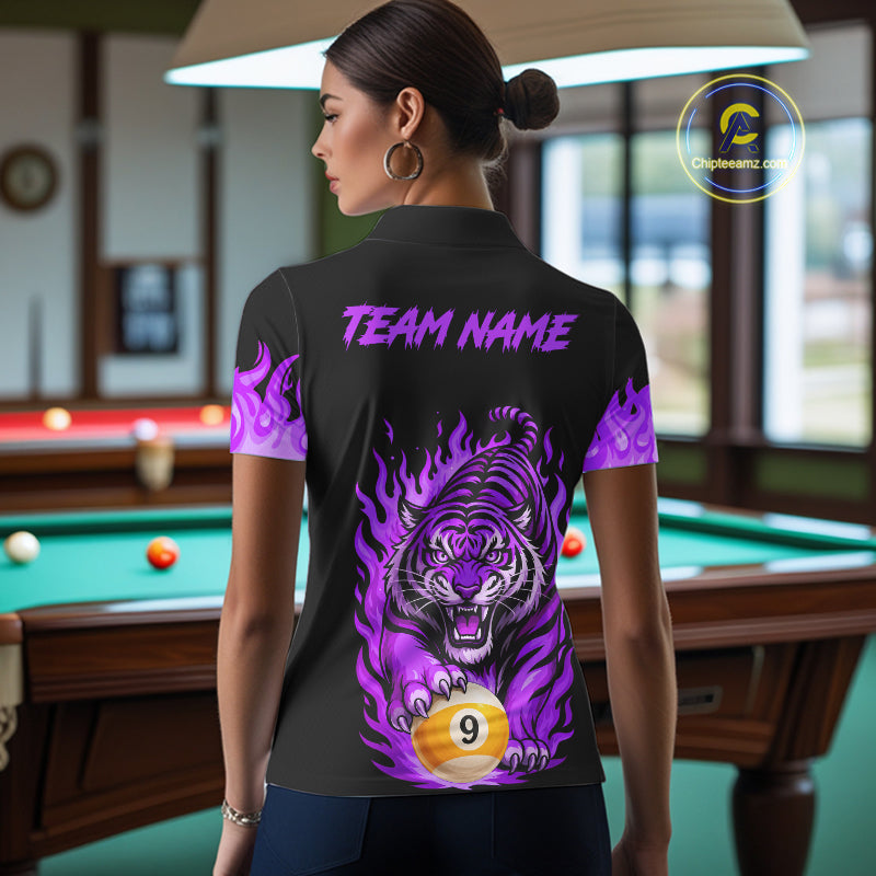 Black and Purple Flaming Tiger Billiard Shirts for Women Custom 8 Ball & 9 Ball Pool Team Jersey TDM8012