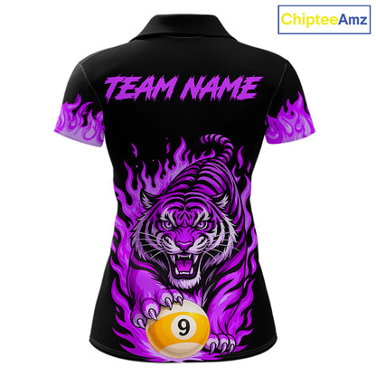 Black and Purple Flaming Tiger Billiard Shirts for Women Custom 8 Ball & 9 Ball Pool Team Jersey TDM8012