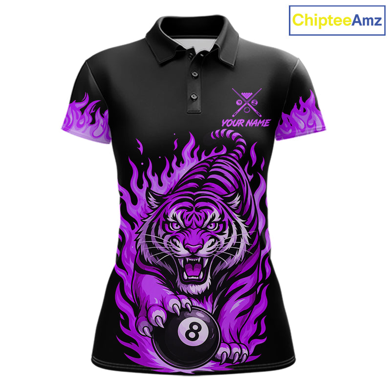 Black and Purple Flaming Tiger Billiard Shirts for Women Custom 8 Ball & 9 Ball Pool Team Jersey TDM8012