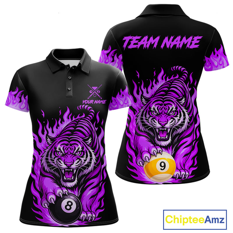 Black and Purple Flaming Tiger Billiard Shirts for Women Custom 8 Ball & 9 Ball Pool Team Jersey TDM8012