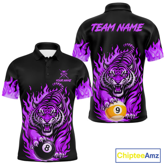 Black and Purple Flaming Tiger Billiard Shirts for Men Custom 8 Ball & 9 Ball Pool Team Jersey TDM8012