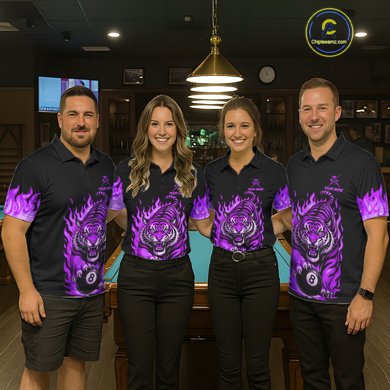 Black and Purple Flaming Tiger Billiard Shirts for Women Custom 8 Ball & 9 Ball Pool Team Jersey TDM8012
