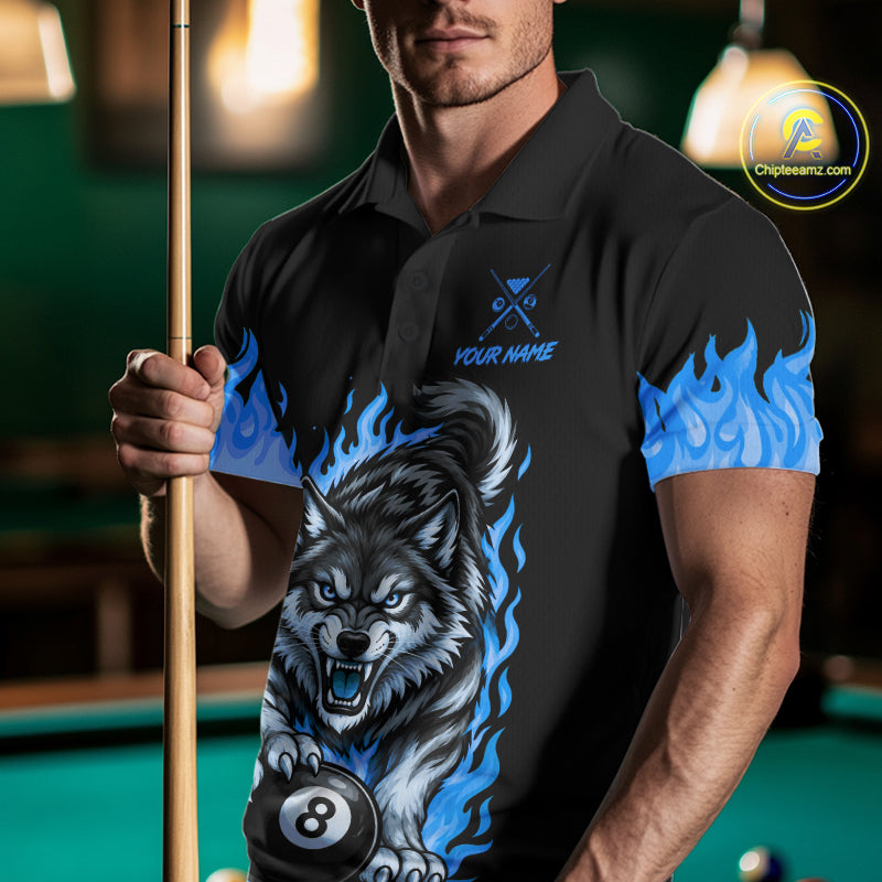 Black and Blue Flaming Wolf Billiard Shirts for Men Custom 8 Ball & 9 Ball Pool Team Jersey TDM8013