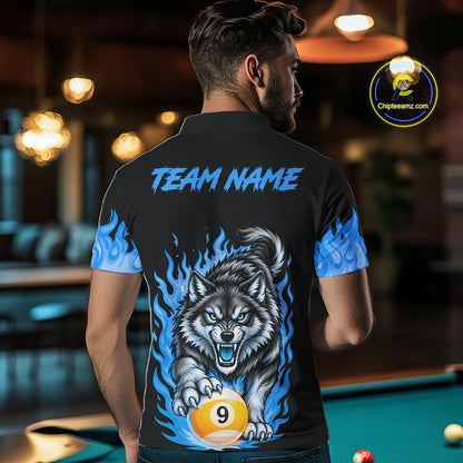 Black and Blue Flaming Wolf Billiard Shirts for Men Custom 8 Ball & 9 Ball Pool Team Jersey TDM8013