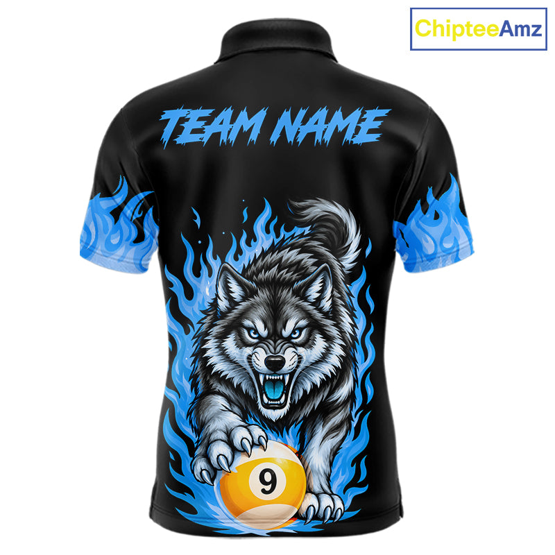 Black and Blue Flaming Wolf Billiard Shirts for Men Custom 8 Ball & 9 Ball Pool Team Jersey TDM8013