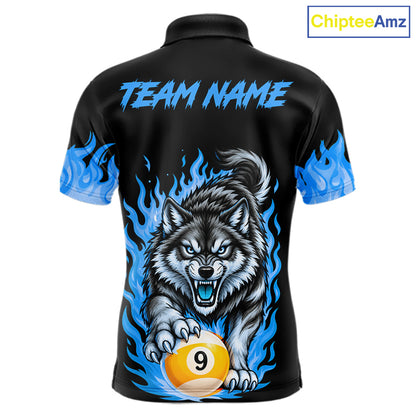 Black and Blue Flaming Wolf Billiard Shirts for Men Custom 8 Ball & 9 Ball Pool Team Jersey TDM8013