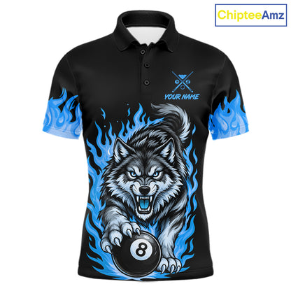 Black and Blue Flaming Wolf Billiard Shirts for Men Custom 8 Ball & 9 Ball Pool Team Jersey TDM8013
