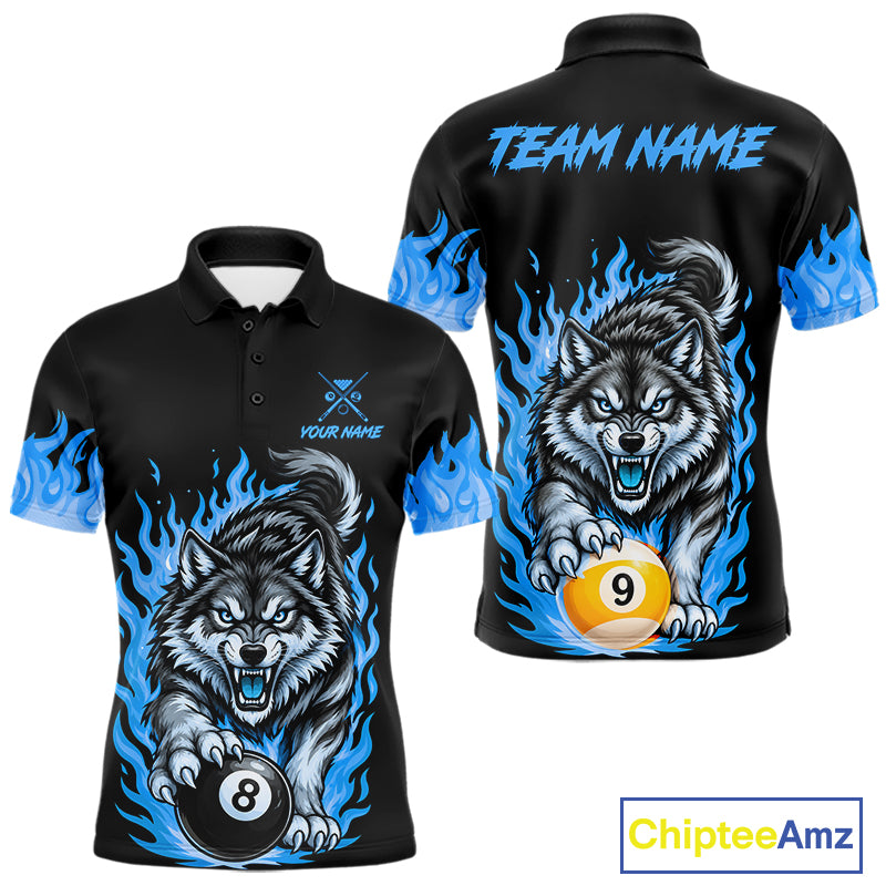 Black and Blue Flaming Wolf Billiard Shirts for Men Custom 8 Ball & 9 Ball Pool Team Jersey TDM8013