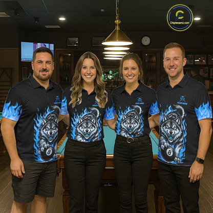 Black and Blue Flaming Wolf Billiard Shirts for Men Custom 8 Ball & 9 Ball Pool Team Jersey TDM8013