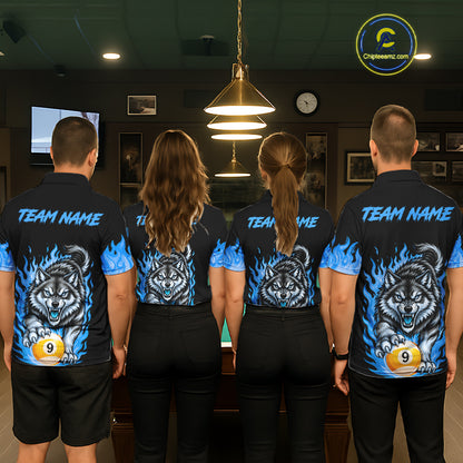 Black and Blue Flaming Wolf Billiard Shirts for Men Custom 8 Ball & 9 Ball Pool Team Jersey TDM8013