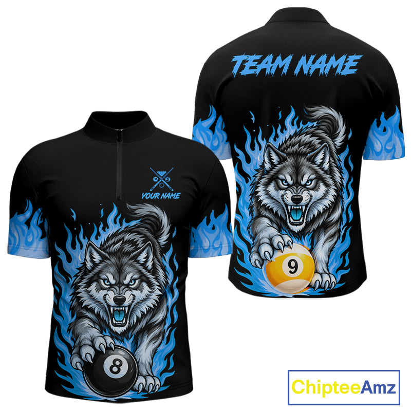 Black and Blue Flaming Wolf Billiard Shirts for Men Custom 8 Ball & 9 Ball Pool Team Jersey TDM8013