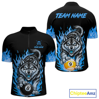 Black and Blue Flaming Wolf Billiard Shirts for Men Custom 8 Ball & 9 Ball Pool Team Jersey TDM8013