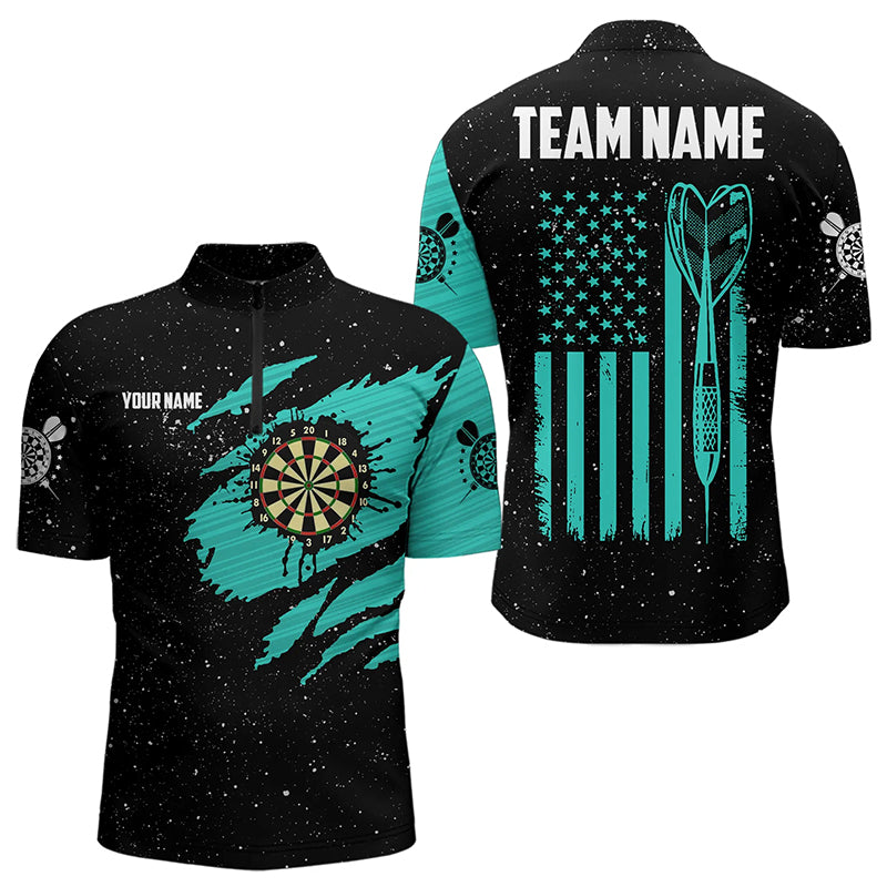 Customized Turquoise Grunge American Flag Men Dart Shirts Custom Patriotic Team Dart Jerseys TDM3336