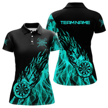 Load image into Gallery viewer, Black And Turquoise Fire Flame Darts Polo &amp; Quarter Zip Custom Dart Shirt For Women Dart Jerseys TDM3341