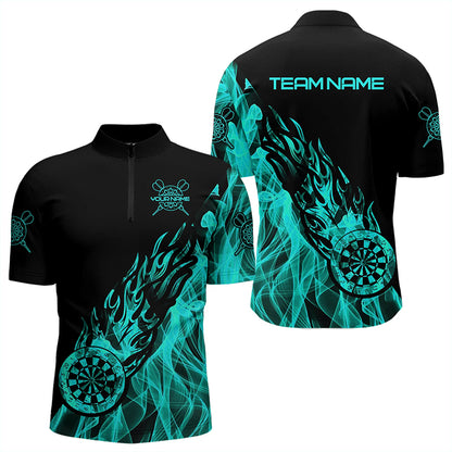 Black And Turquoise Fire Flame Darts Polo & Quarter Zip Custom Dart Shirt For Men Dart Jerseys TDM3341