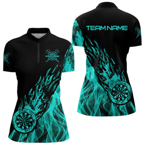 Black And Turquoise Fire Flame Darts Polo & Quarter Zip Custom Dart Shirt For Women Dart Jerseys TDM3341