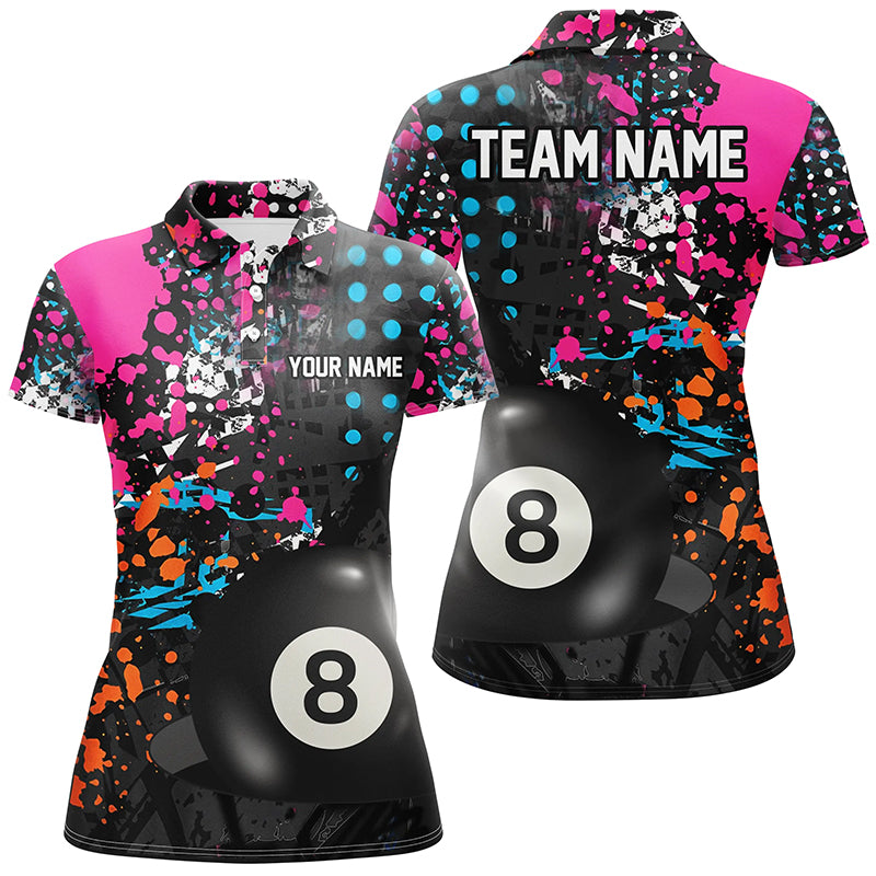 Personalized 8 Ball Pool Grunge Colorful Women Billiard Polo Shirts, Custom Billiards Pool Shirts TDM1004