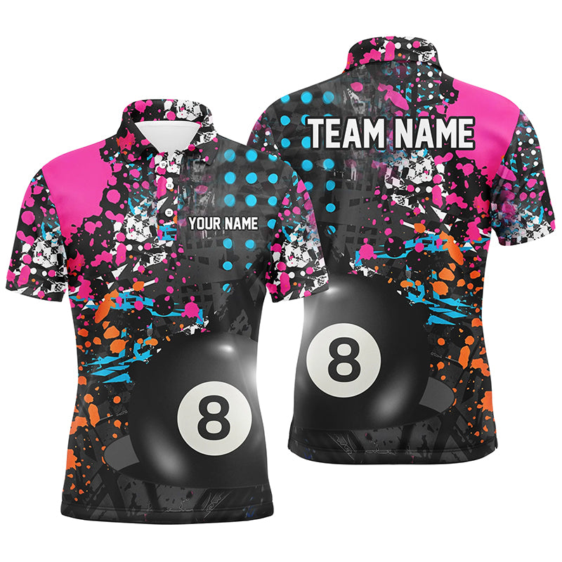 Personalized 8 Ball Pool Grunge Colorful Men Billiard Polo Shirts, Custom Billiards Pool Shirts TDM1004