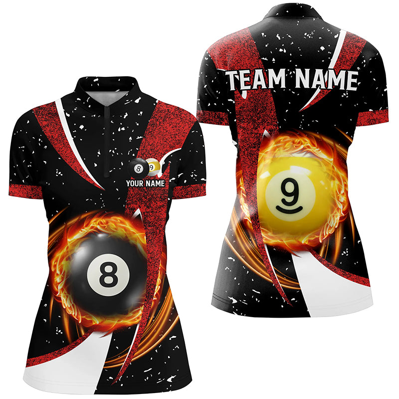 Billiard 8 Ball & 9 Ball Black Red Grunge Women Quarter-Zip Shirt, Billiard Attire Jersey TDM1342