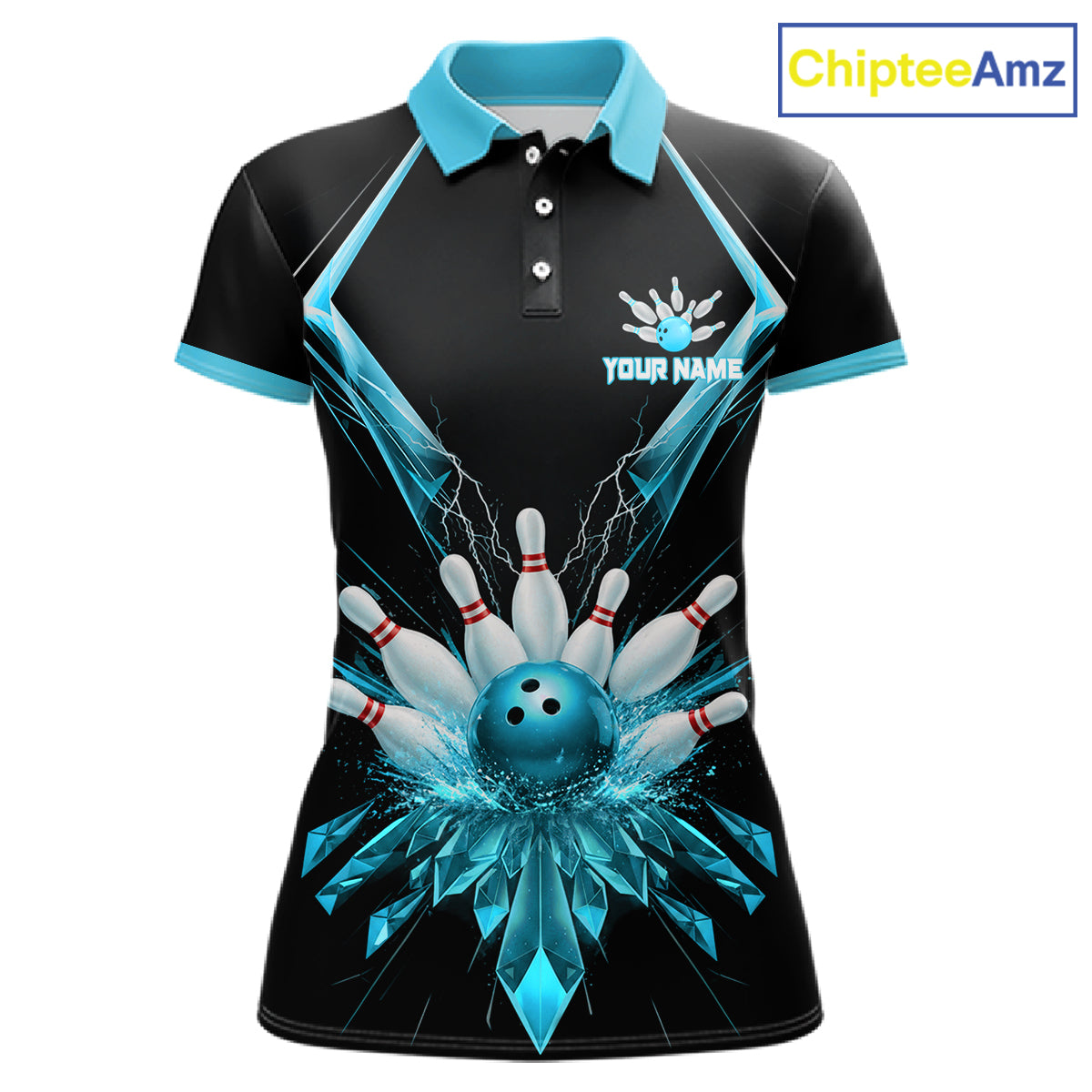 Custom Blue Bowling Jersey For Women, Crystal Lighting Bowling League Shirt Team Polo & 1/4 Zip TDM6429