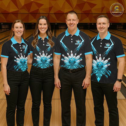 Custom Blue Bowling Jersey For Men, Crystal Lightning Bowling League Shirt Team Polo & 1/4 Zip TDM6429