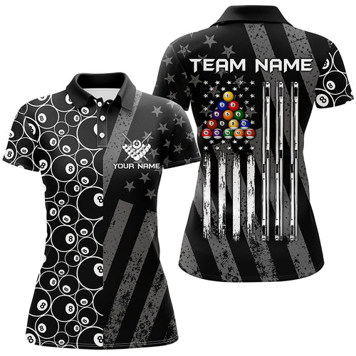 Custom Black Retro US Flag Billiard Polo & Quarter-Zip Shirts For Women, Patriotic Pool Player Shirts TDM1710
