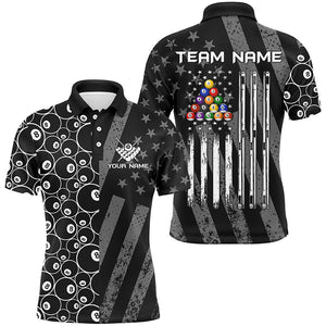 Custom Black Retro US Flag Billiard Polo & Quarter-Zip Shirts For Men, Patriotic Pool Player Shirts TDM1710