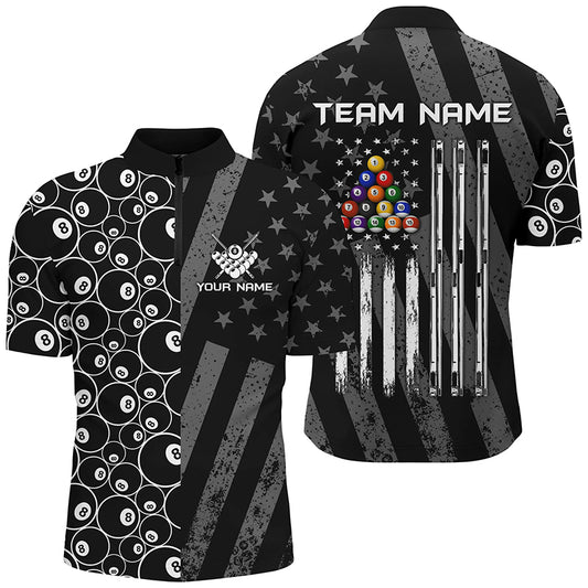 Custom Black Retro US Flag Billiard Polo & Quarter-Zip Shirts For Men, Patriotic Pool Player Shirts TDM1710