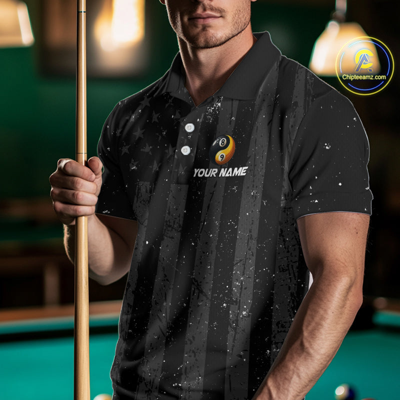 Black US Flag Ying And Yang 8 Ball & 9 Ball Custom Billiard Shirts For Men Funny Billiard Jerseys TDM4082