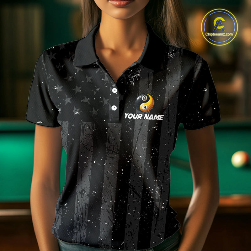 Black US Flag Ying And Yang 8 Ball & 9 Ball Custom Billiard Shirts For Women Funny Billiard Jerseys TDM4082