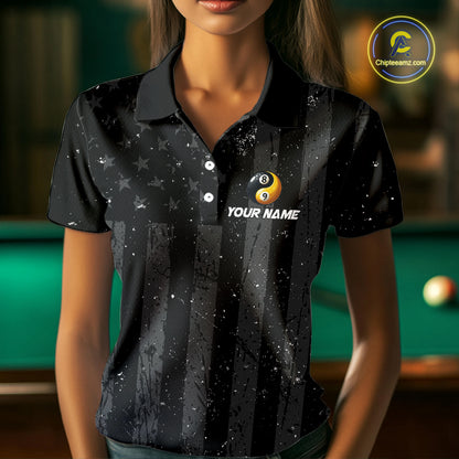 Black US Flag Ying And Yang 8 Ball & 9 Ball Custom Billiard Shirts For Women Funny Billiard Jerseys TDM4082