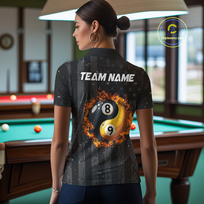 Black US Flag Ying And Yang 8 Ball & 9 Ball Custom Billiard Shirts For Women Funny Billiard Jerseys TDM4082