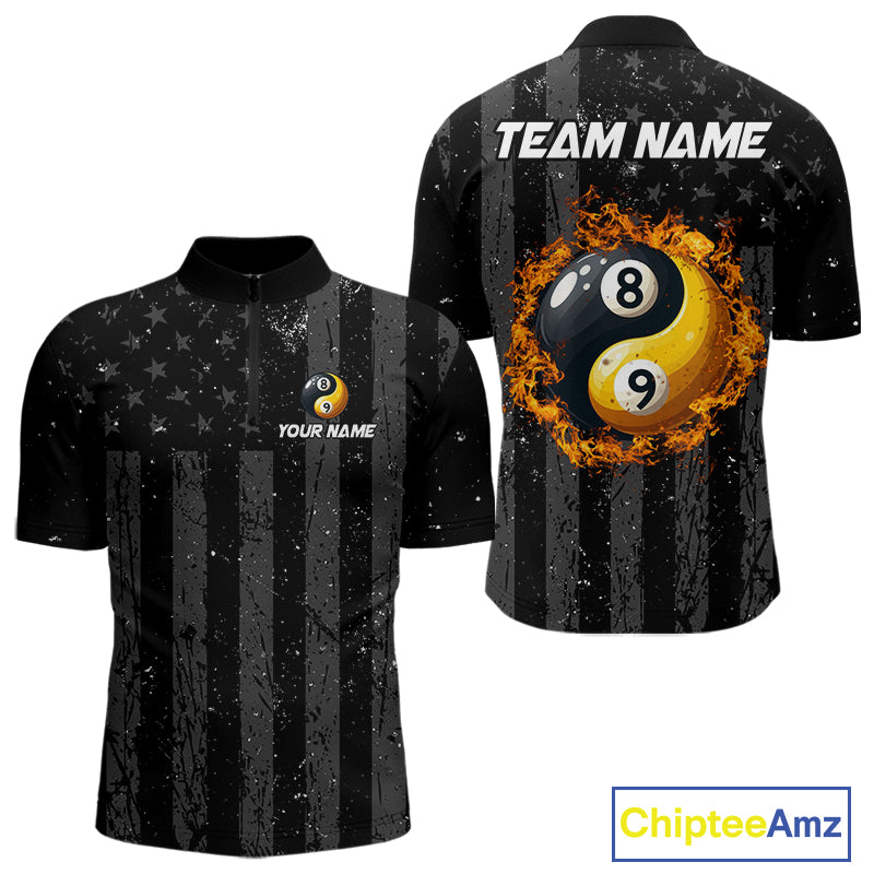 Black US Flag Ying And Yang 8 Ball & 9 Ball Custom Billiard Shirts For Men Funny Billiard Jerseys TDM4082