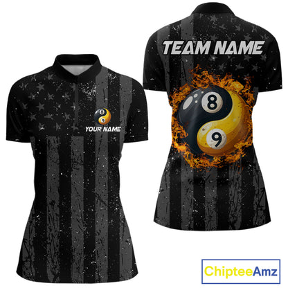 Black US Flag Ying And Yang 8 Ball & 9 Ball Custom Billiard Shirts For Women Funny Billiard Jerseys TDM4082